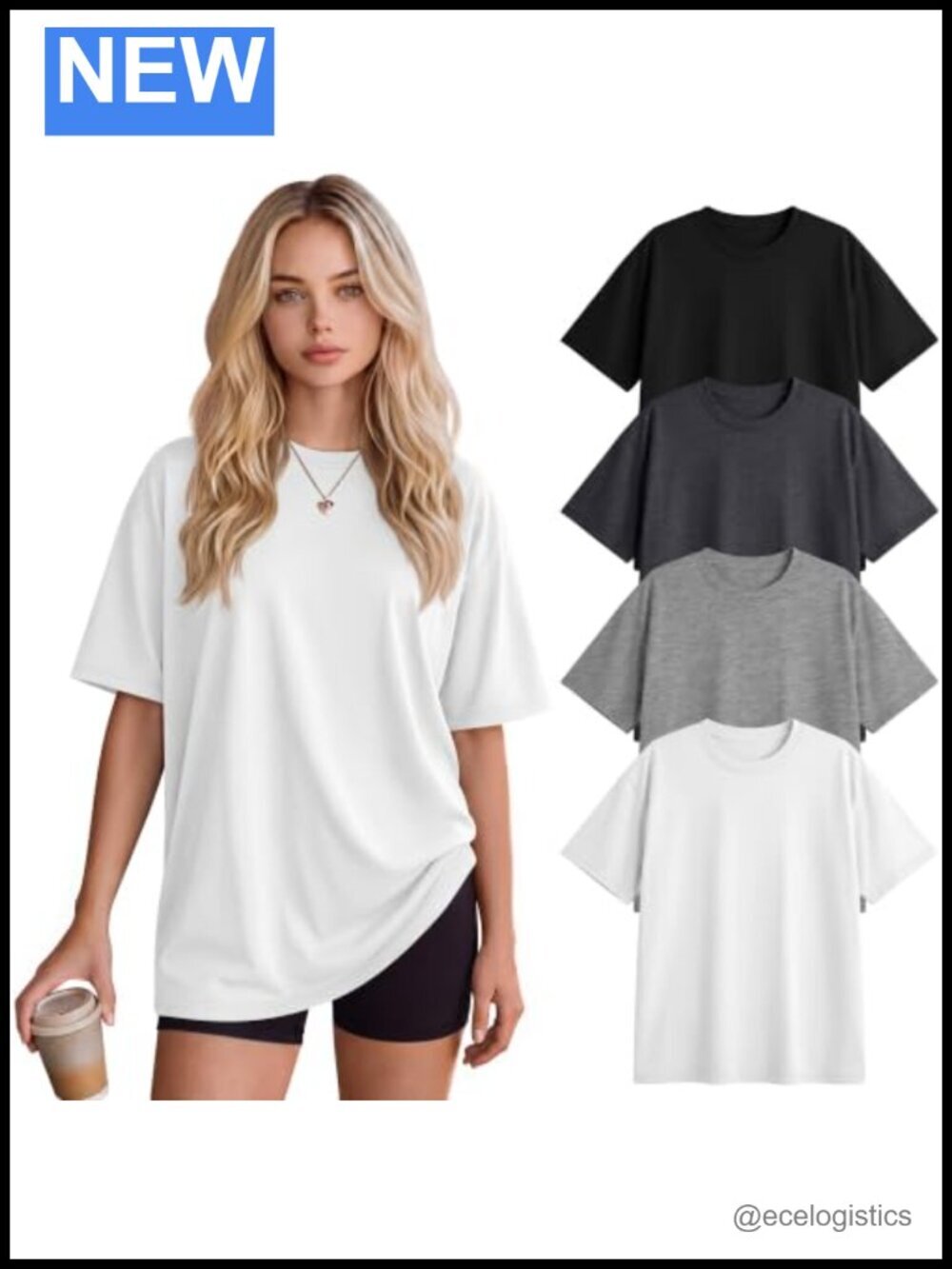 4 Pack Women's Oversized Cotton Spandex Crewneck Short Sleeve Tees
